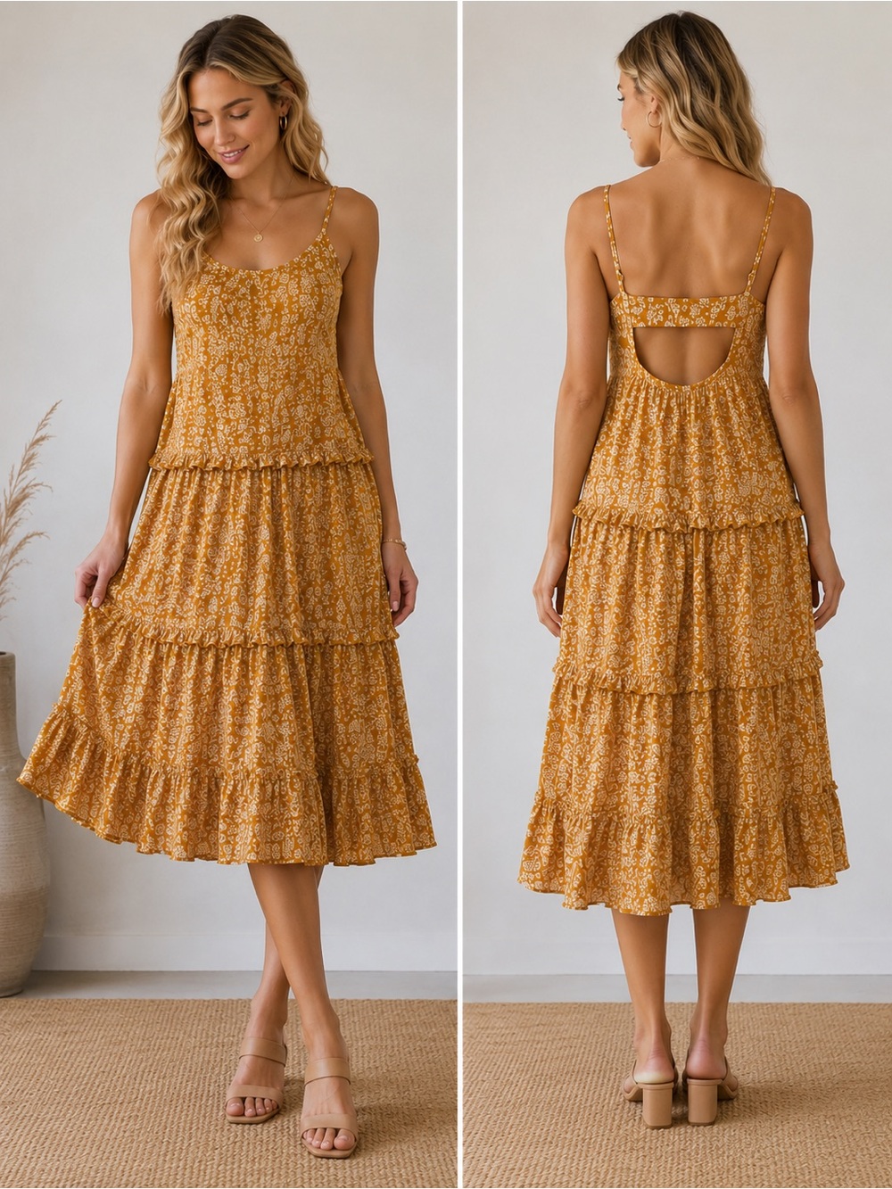 BILA77 Mustard Floral Smocked Tiered Midi Dress Boho Prairie Size Small